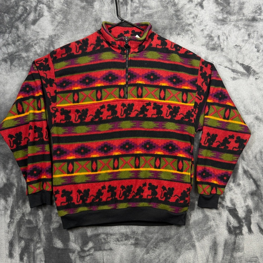Mickey & Co Fleece Pullover Unisex Medium Red Vintage Aztec Mickey Mouse 1/4 Zip